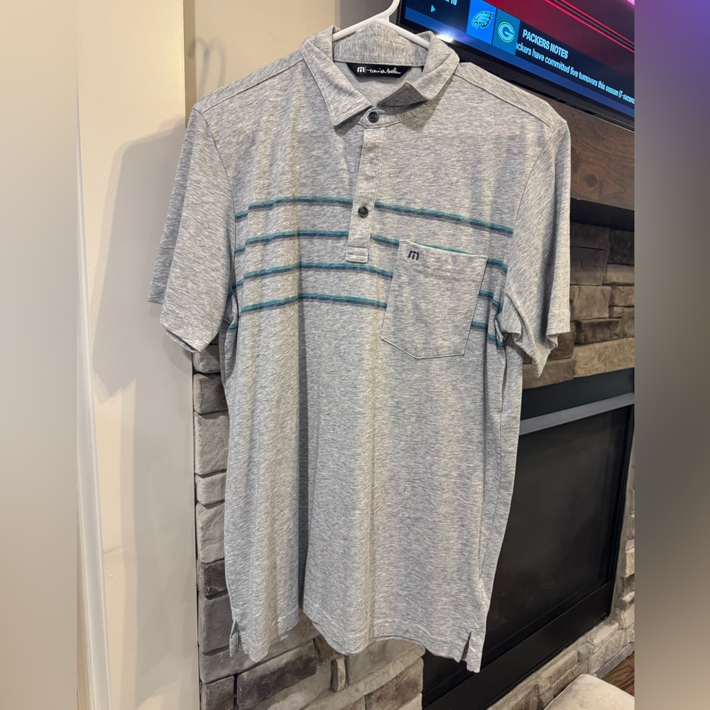 Travis Mathew Light Gray Polo with Blue Stripes
